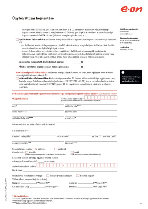 E.ON ügyfélváltozás bejelentése – kitöltetlen minta